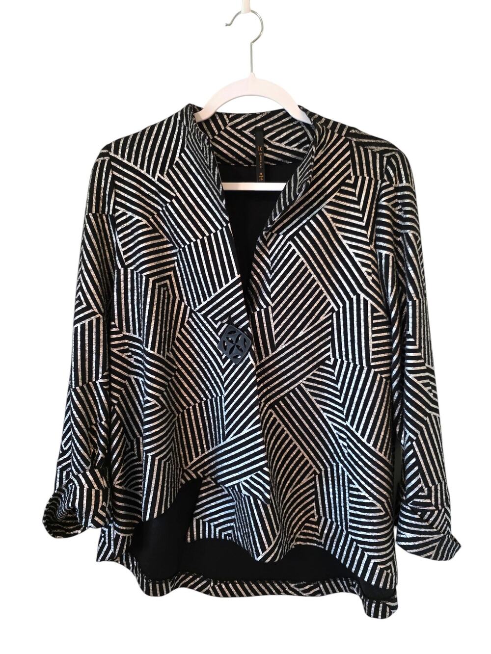 IC by Connie K Womens Geometric Swing Jacket Size Medium Black Silver